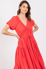 Red Deep V-Neck Puff Short Sleeve Asymmetrical Hem Midi Dress
