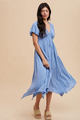 Blue Deep V-Neck Puff Short Sleeve Asymmetrical Hem Maternity Midi Dress