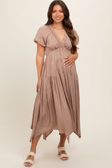 Taupe Deep V-Neck Puff Short Sleeve Asymmetrical Hem Maternity Midi Dress