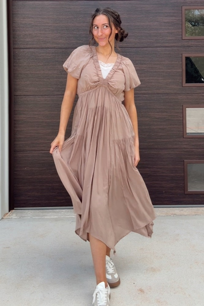 Taupe Deep V-Neck Puff Short Sleeve Asymmetrical Hem Midi Dress