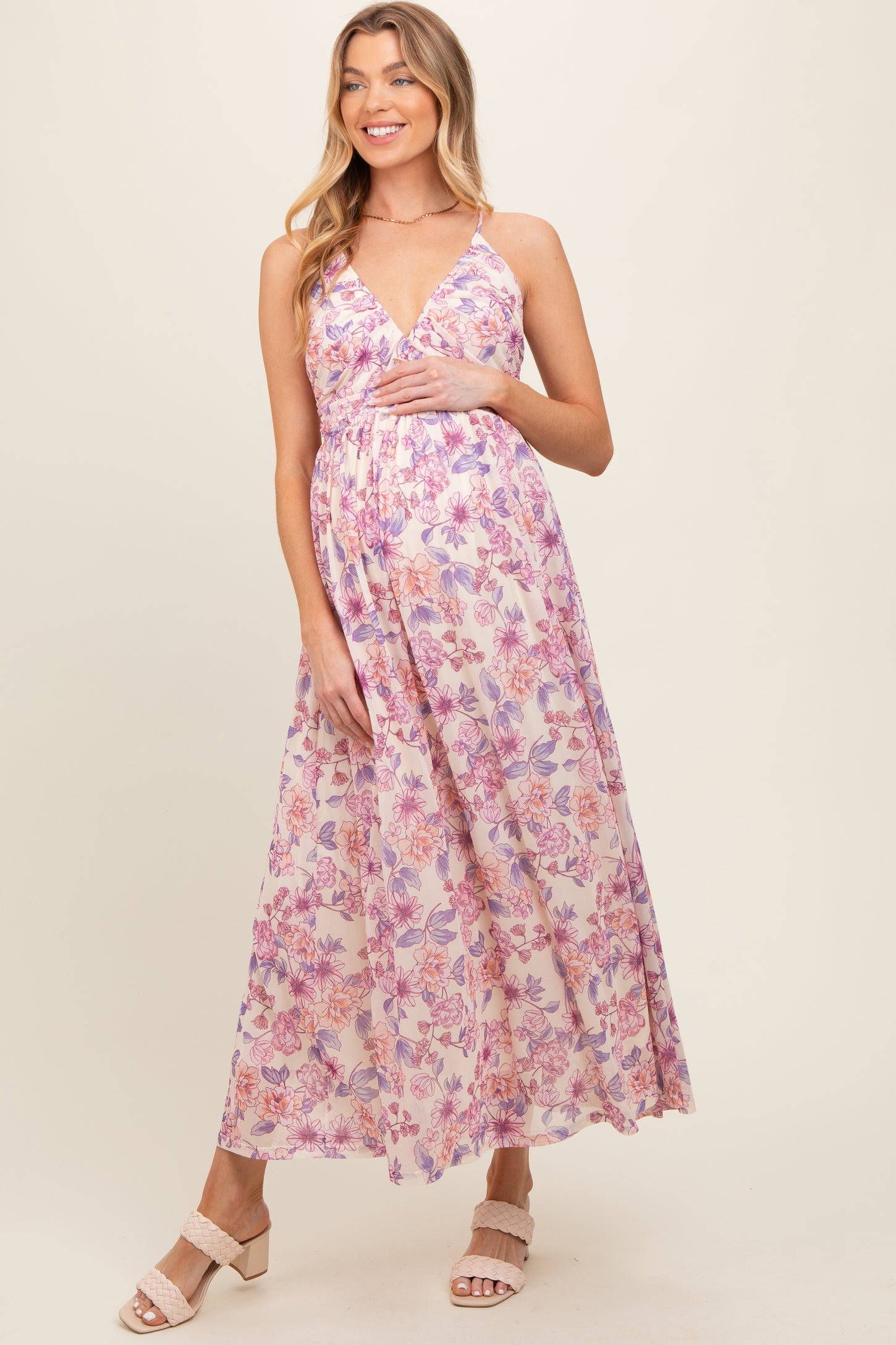 Pink Floral Mesh Sleeveless Maternity Maxi Dress PinkBlush Pink Floral Mesh Sleeveless Maternity Maxi Dress PinkBlush