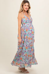 Light Blue Floral Mesh Sleeveless Maternity Maxi Dress