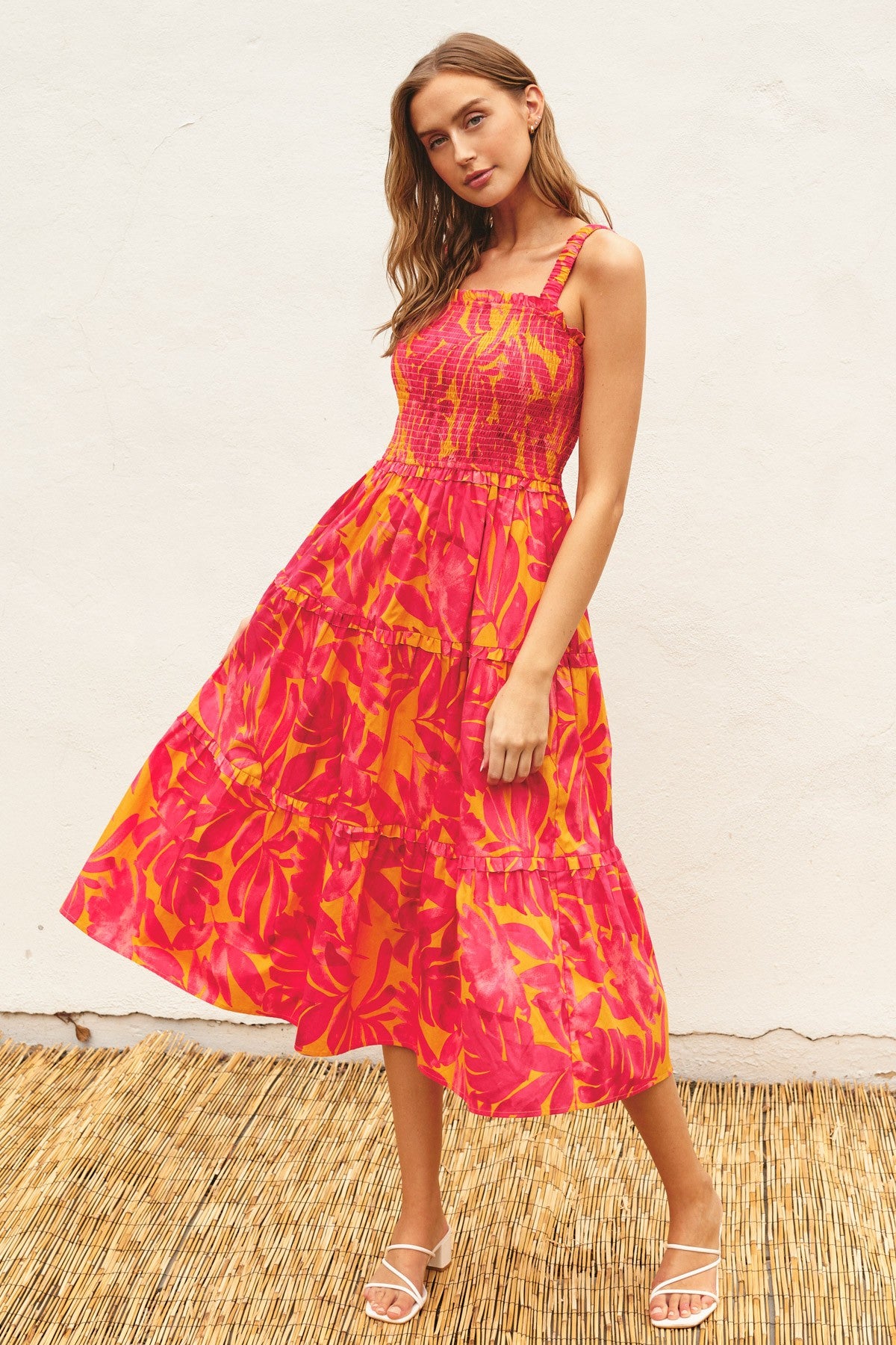Coral Tropical Smocked Ruffle Tiered Midi Dress