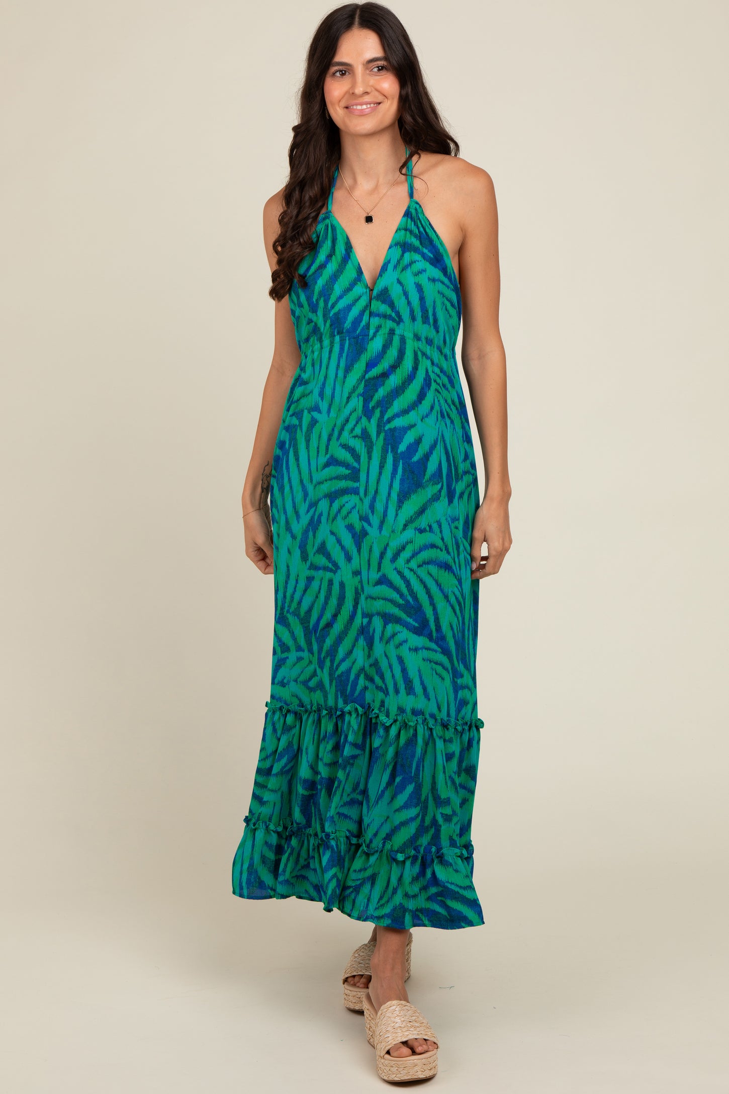Green Leaf Print Halter Maternity Maxi Dress PinkBlush Green Leaf Print Halter Maternity Maxi Dress PinkBlush