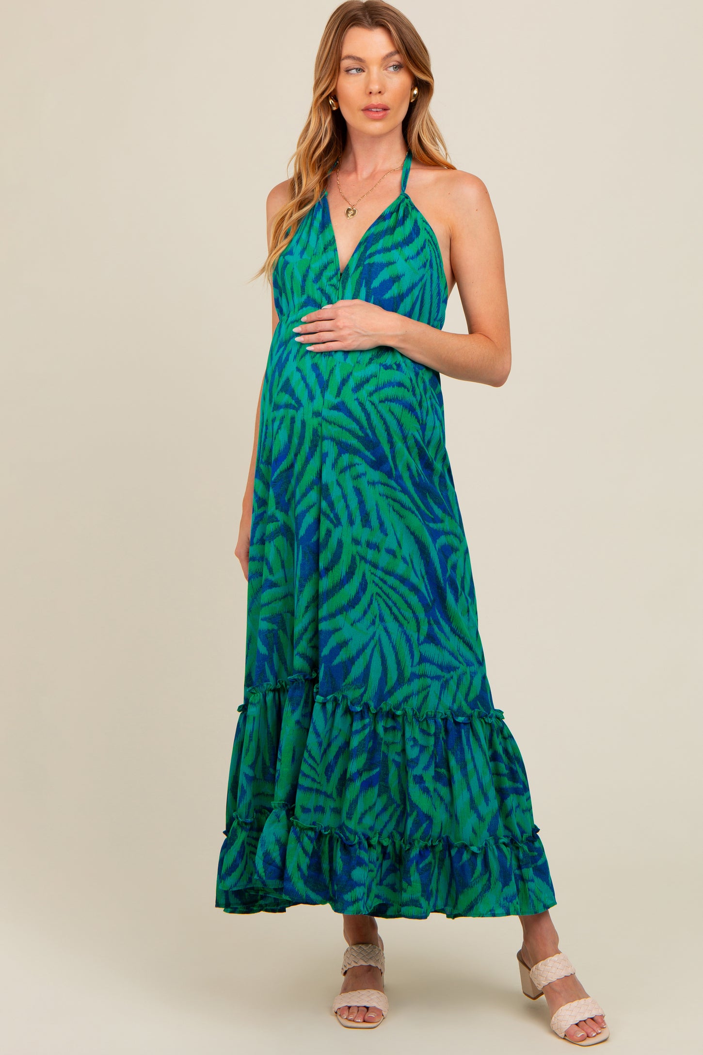 Green Leaf Print Halter Maternity Maxi Dress PinkBlush Green Leaf Print Halter Maternity Maxi Dress PinkBlush