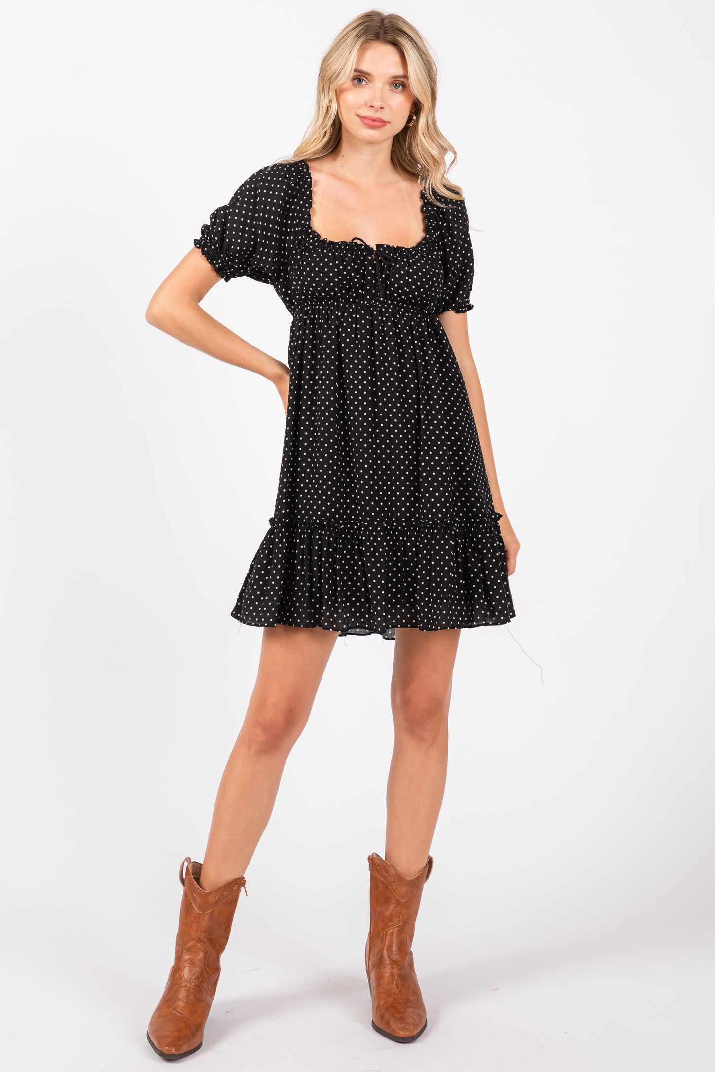 Black Polka Dot Puff Sleeve Tie Front Dress