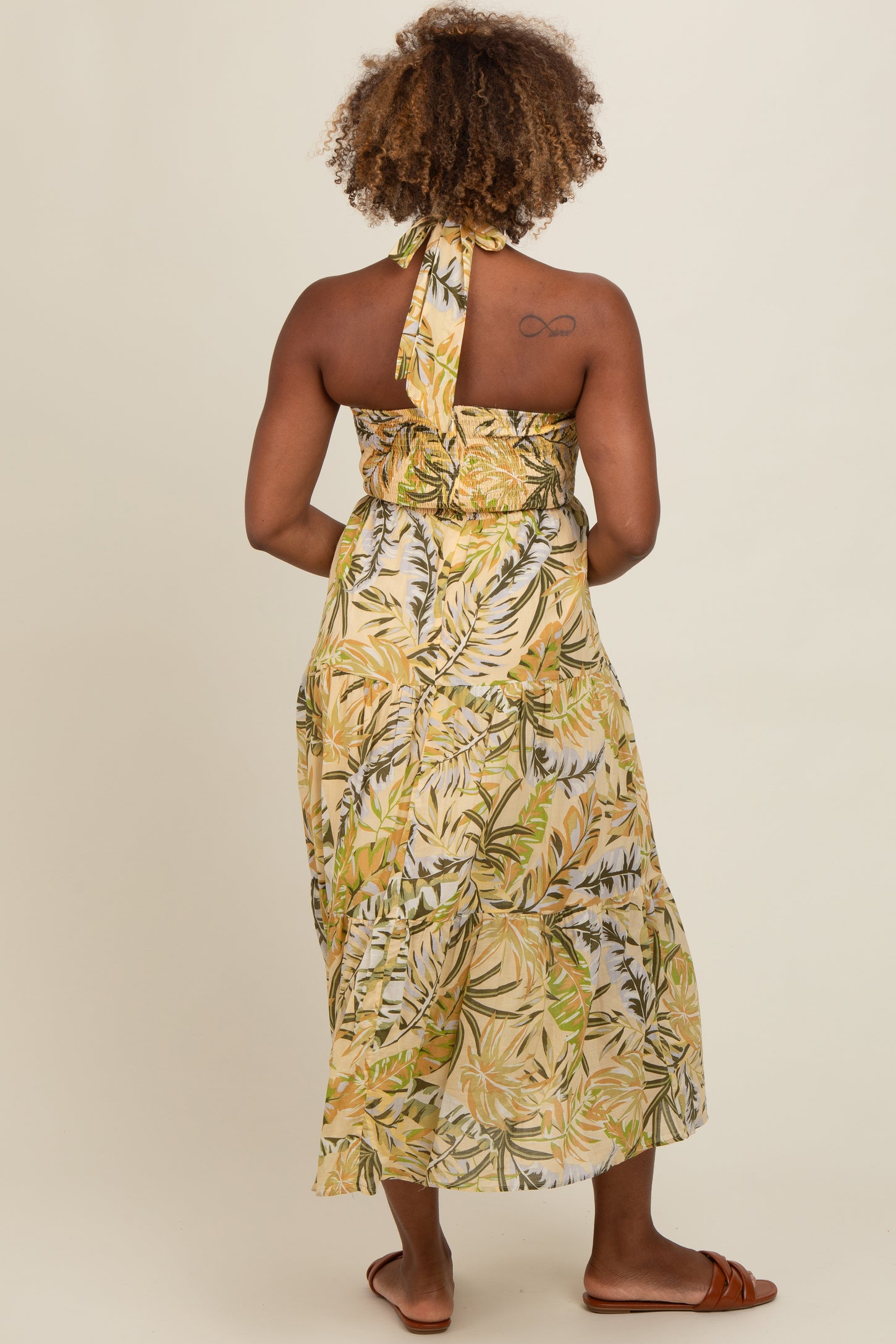 tropical halter dress MOQ 6/size Light Yellow Tropical Halter Maxi