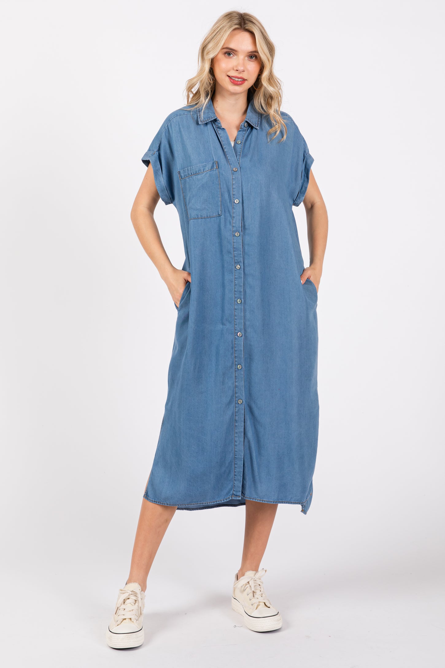 Blue Chambray Button Down Midi Dress PinkBlush Blue Chambray Button Down Midi Dress PinkBlush