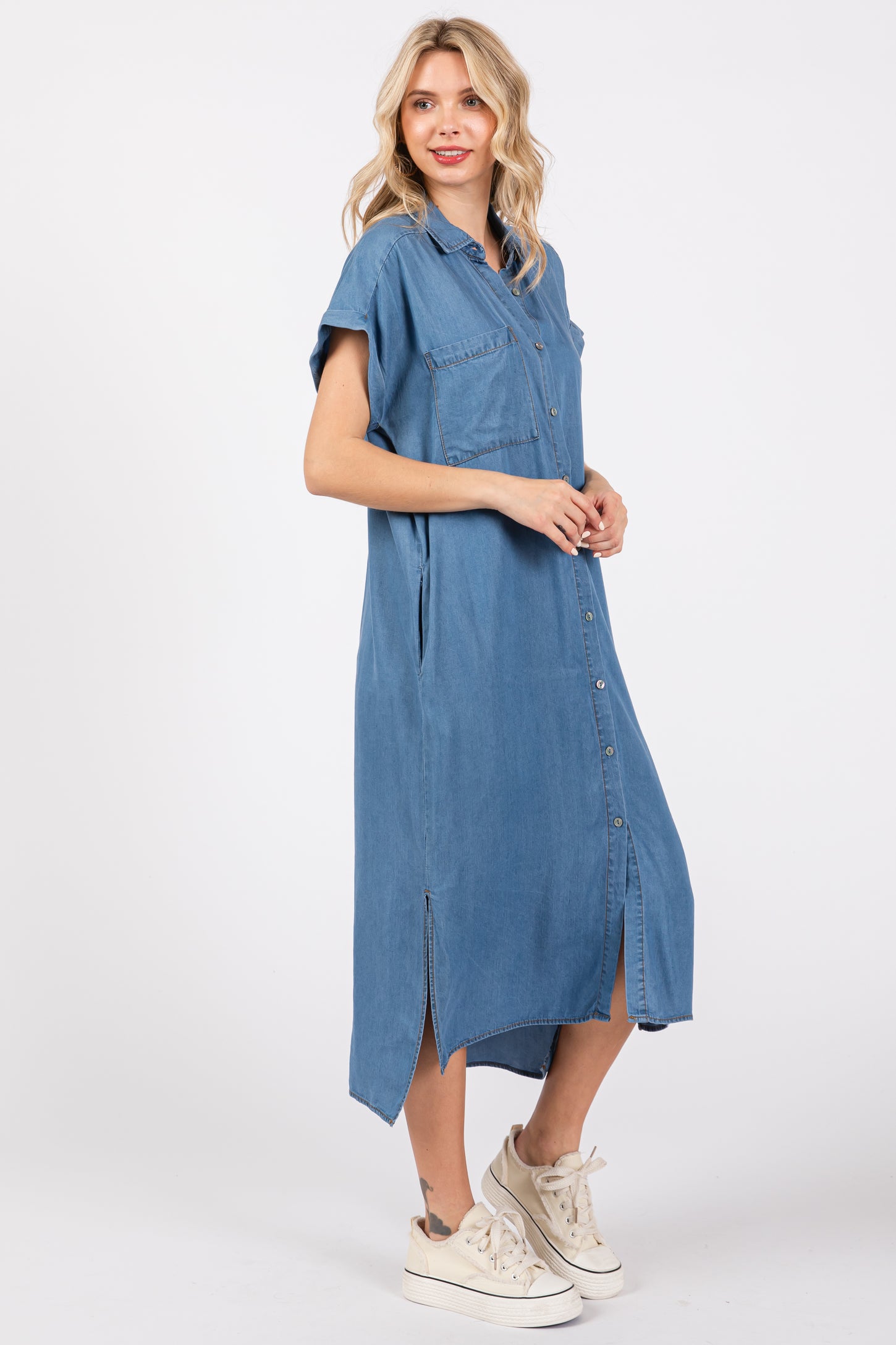 Blue Chambray Button Down Midi Dress PinkBlush Blue Chambray Button Down Midi Dress PinkBlush