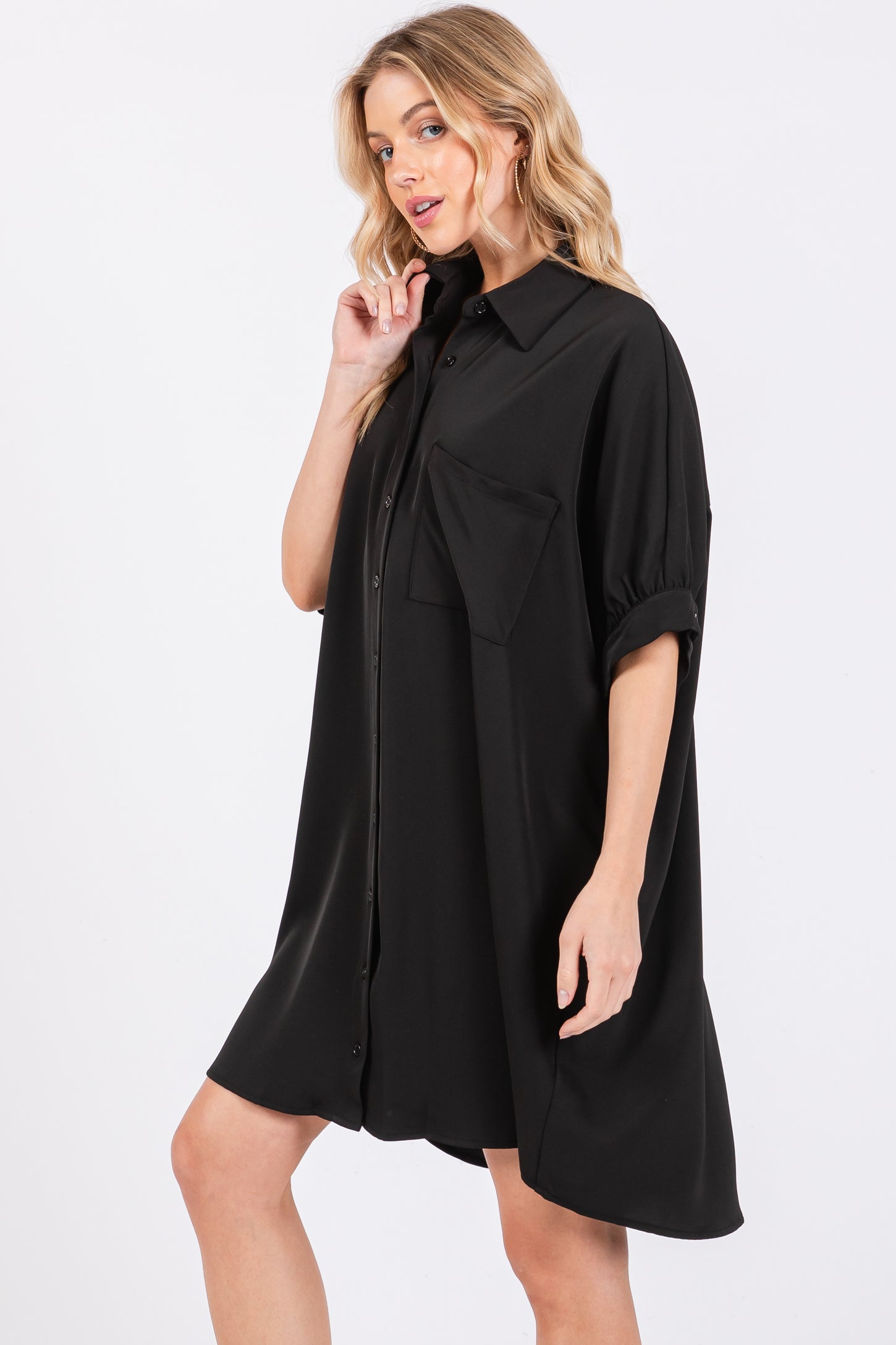 black button up collared dress Black Cotton Collared Button-Up Mini Dress