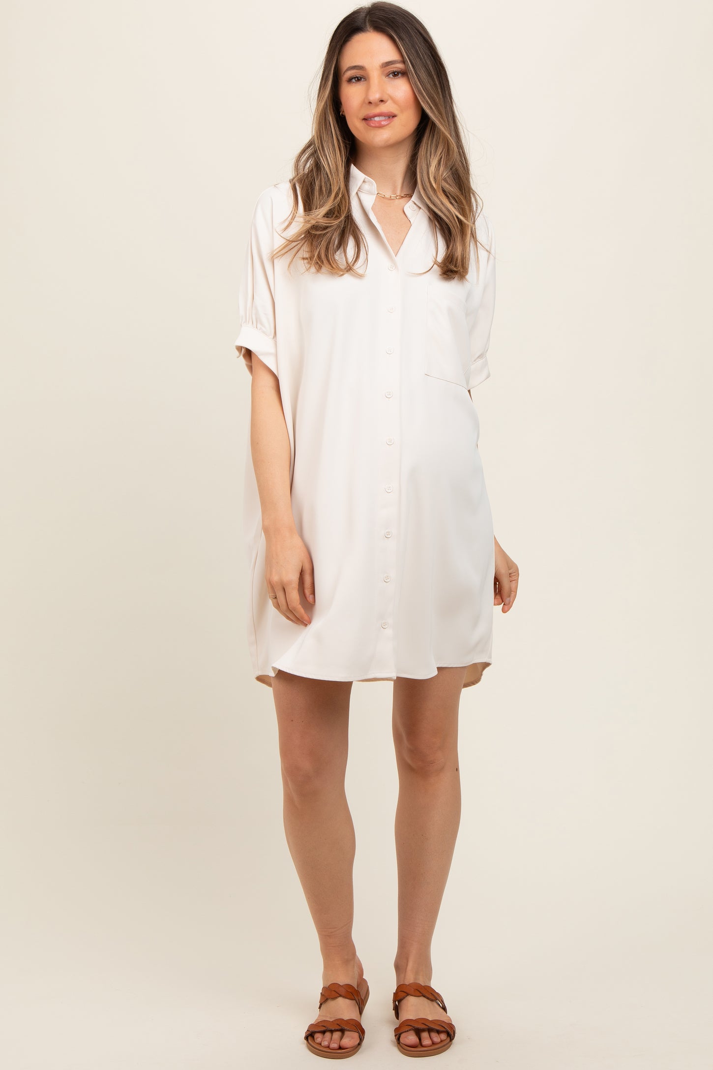 Cream Collared Button Down Maternity Shirt Dress PinkBlush Cream Collared Button Down Maternity Shirt Dress PinkBlush