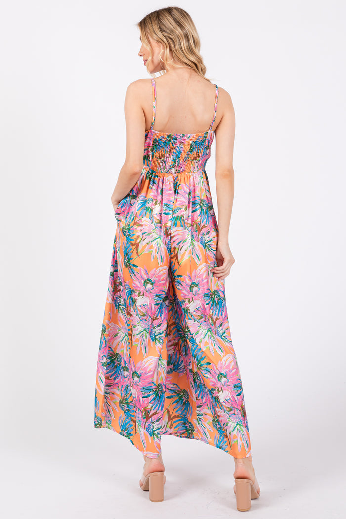 Orange Floral Front Twist Jumpsuit