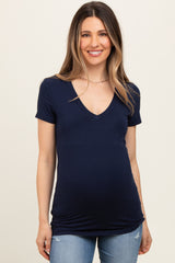 Navy V-Neck Short Sleeve Maternity Top