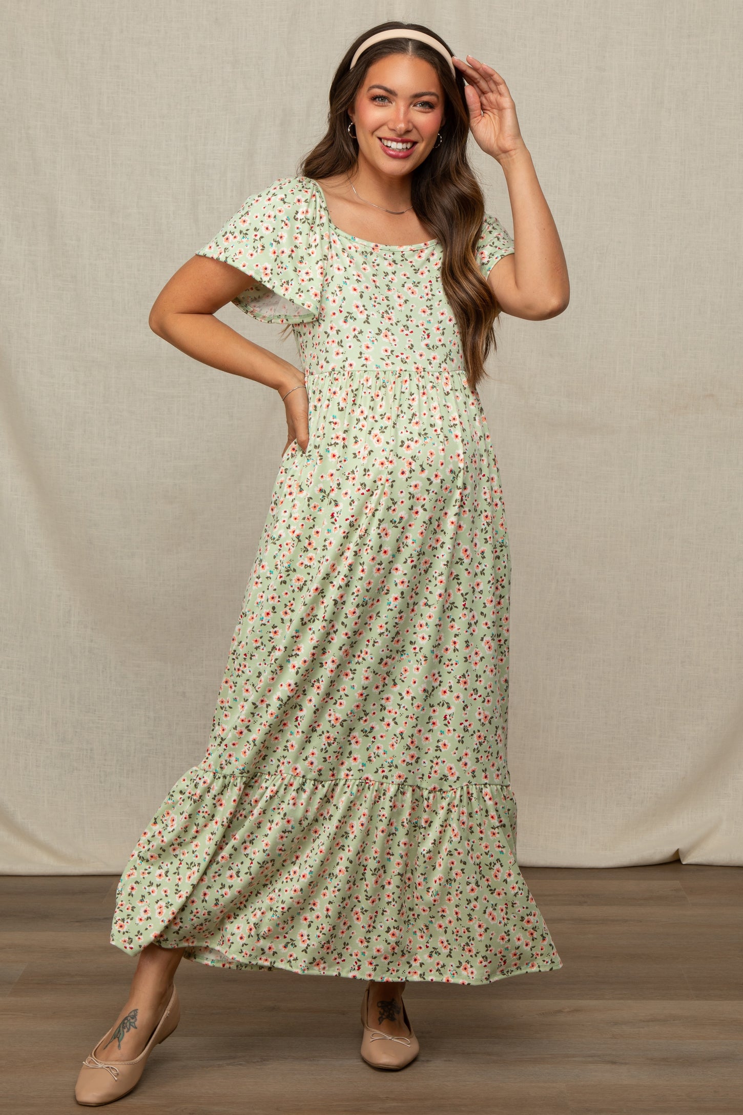 Light Green Floral Short Sleeve Maternity Maxi Dress PinkBlush Light Green Floral Short Sleeve Maternity Maxi Dress PinkBlush