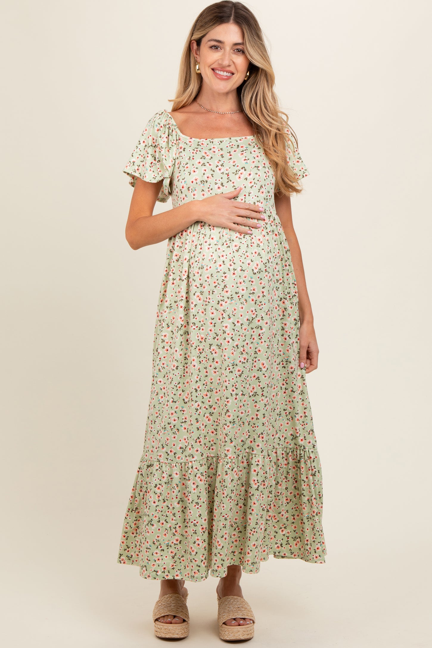 Light Green Floral Short Sleeve Maternity Maxi Dress PinkBlush Light Green Floral Short Sleeve Maternity Maxi Dress PinkBlush