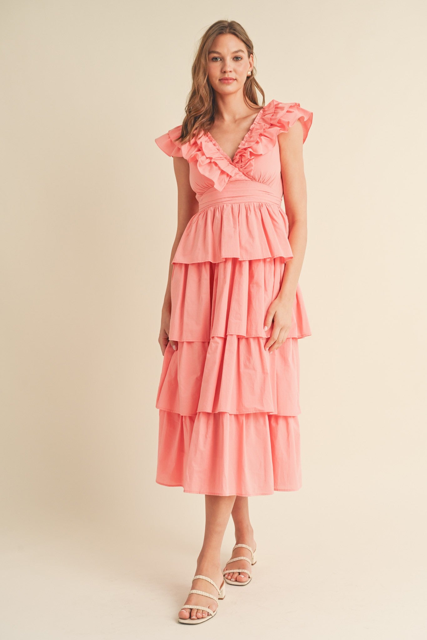 knee length dresses for ladies Pink Stripe Cotton Ruffle Maxi Dress - All Dresses main image 0