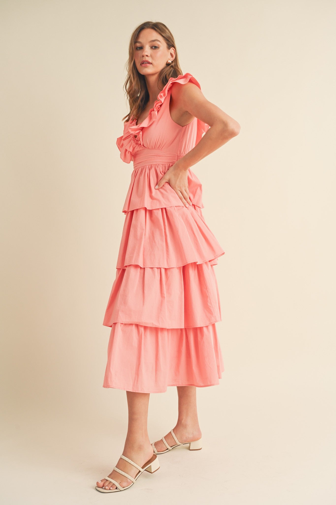 Papaya Layered Ruffle Trim Midi Dress PinkBlush Papaya Layered Ruffle Trim Midi Dress PinkBlush