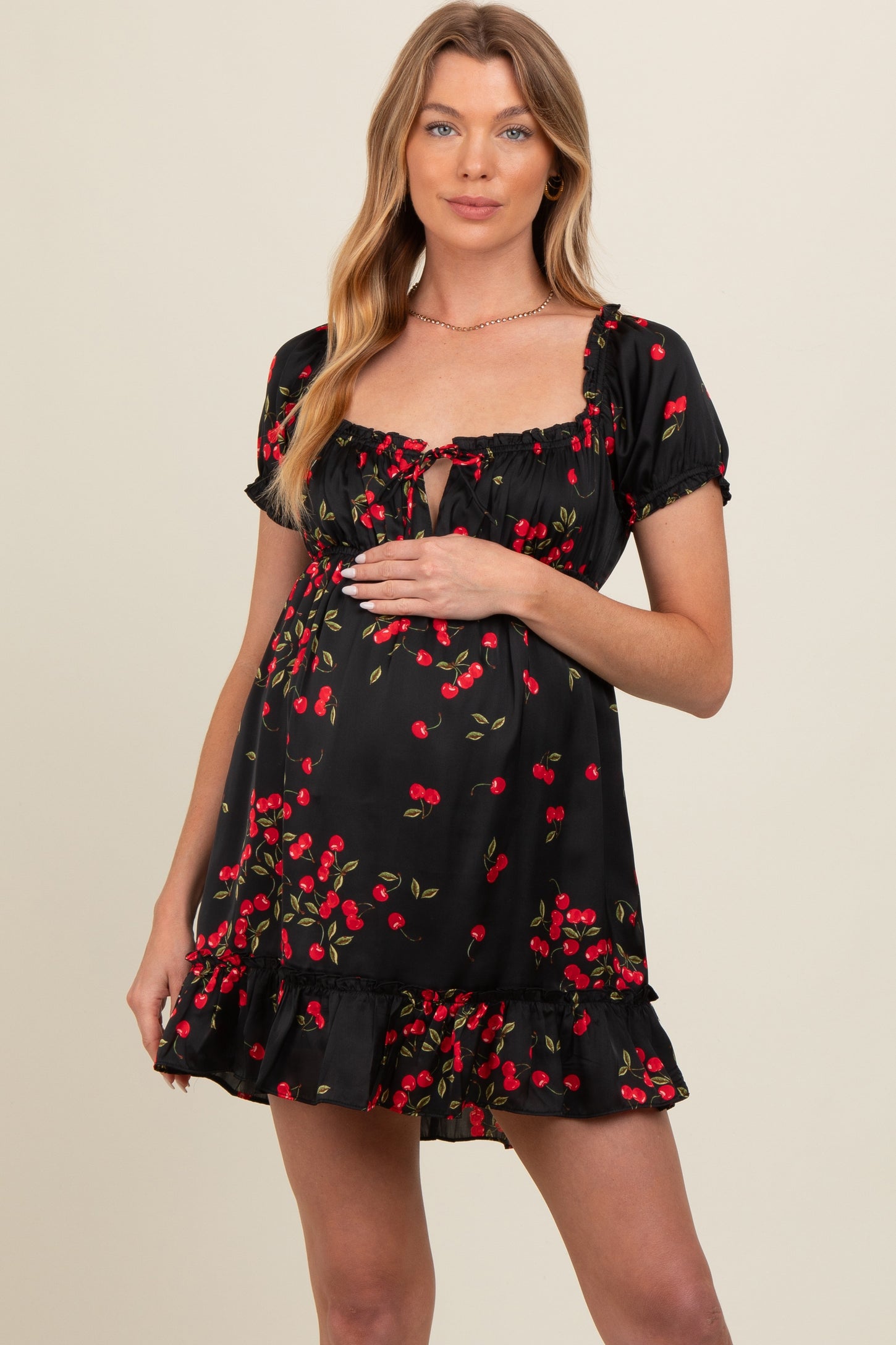 Black Cherry Puff Sleeve Maternity Mini Dress PinkBlush Black Cherry Puff Sleeve Maternity Mini Dress PinkBlush