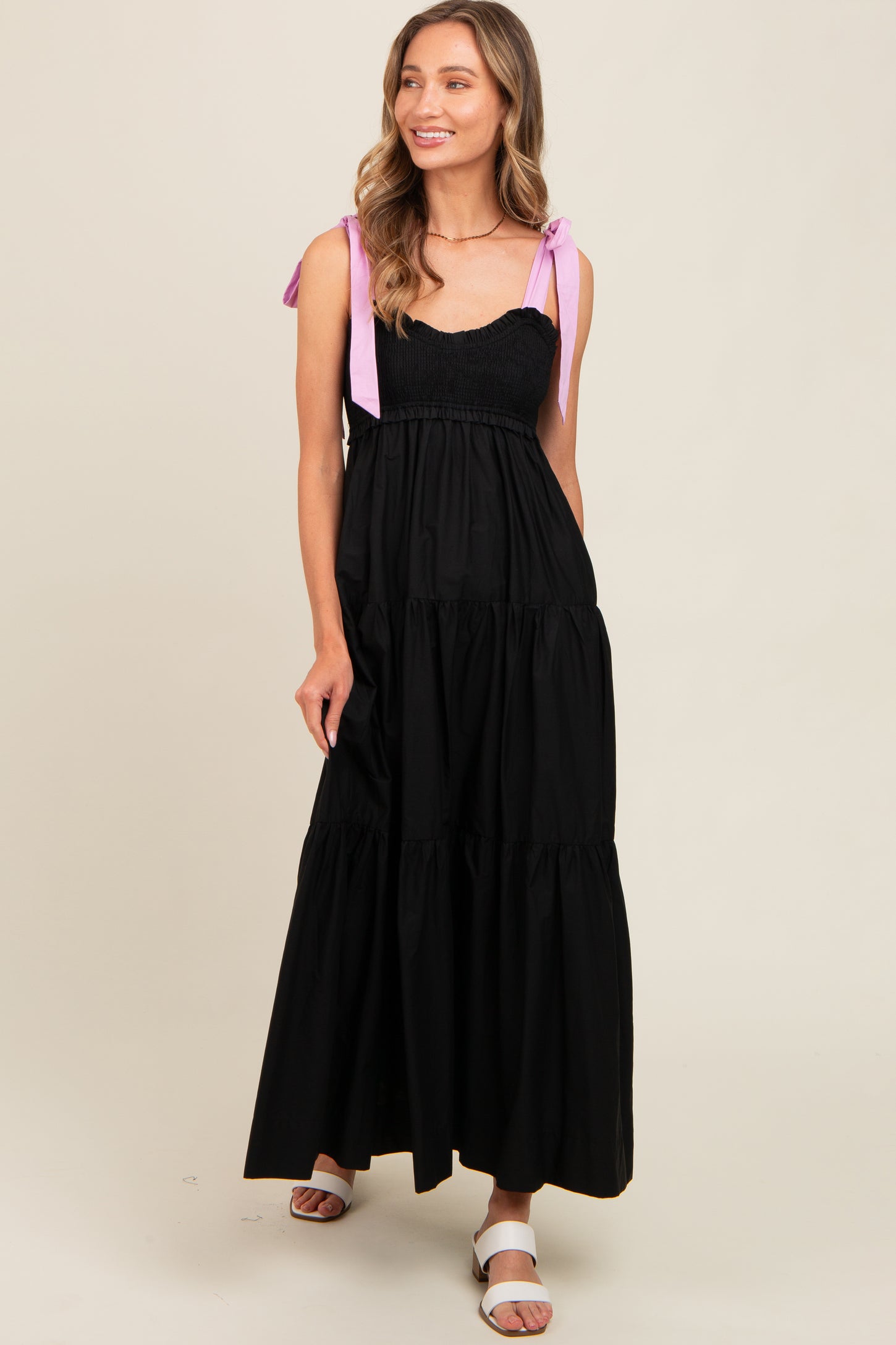 Black Contrast Shoulder Straps Maternity Maxi Dress