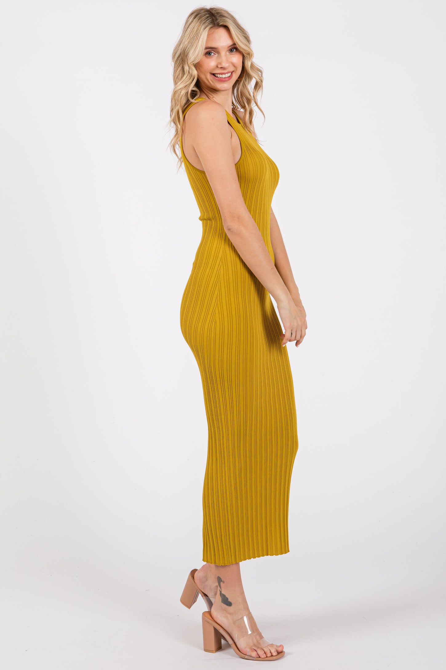 yellow ribbed midi dress Light Yellow Dress - Twist-Back Dress - Basque Waist Midi Dress