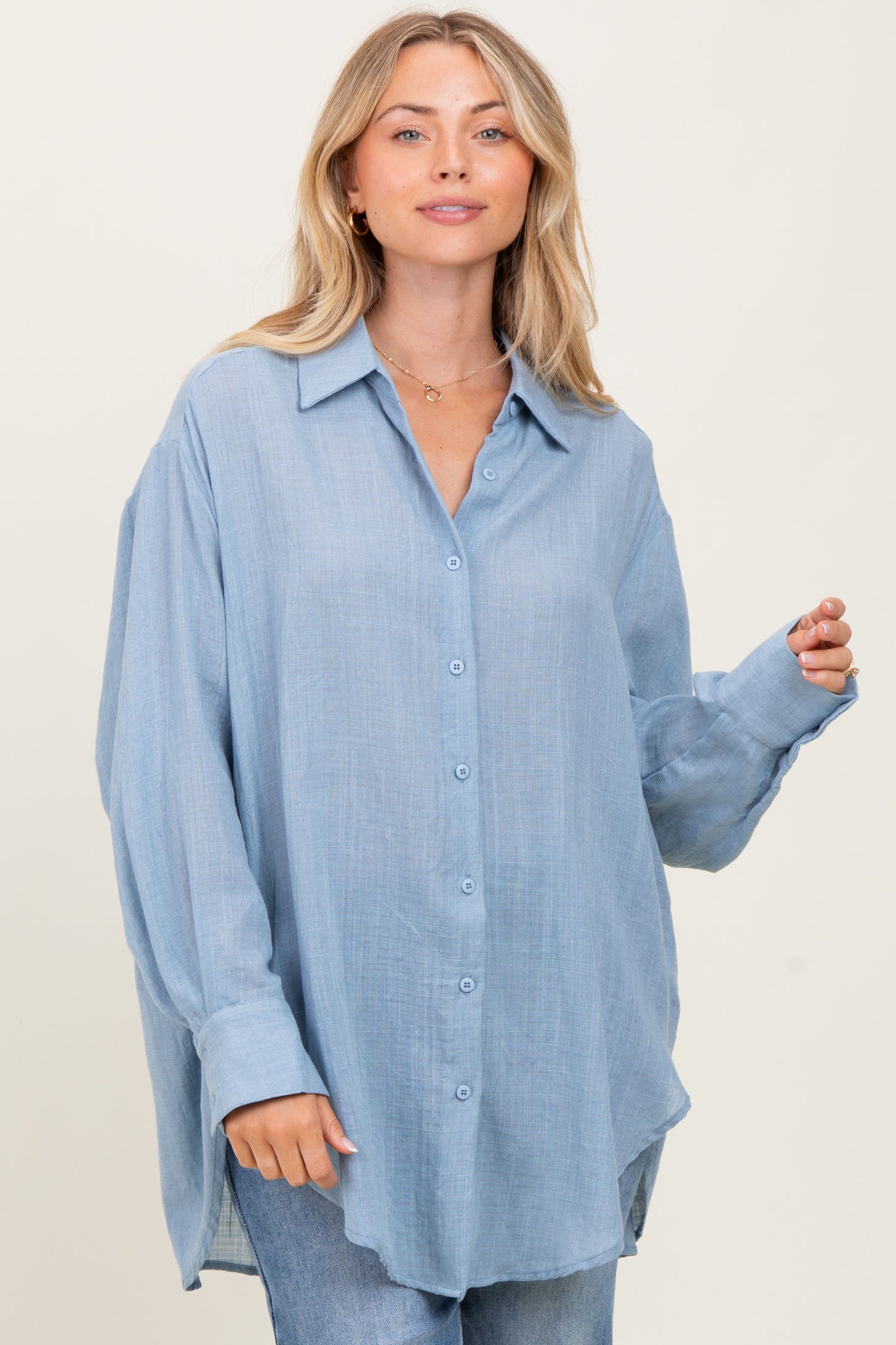 Blue Long Sleeve Collared Button Down Maternity Shirt