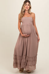 Taupe Smocked Halter Cutout Maternity Maxi Dress