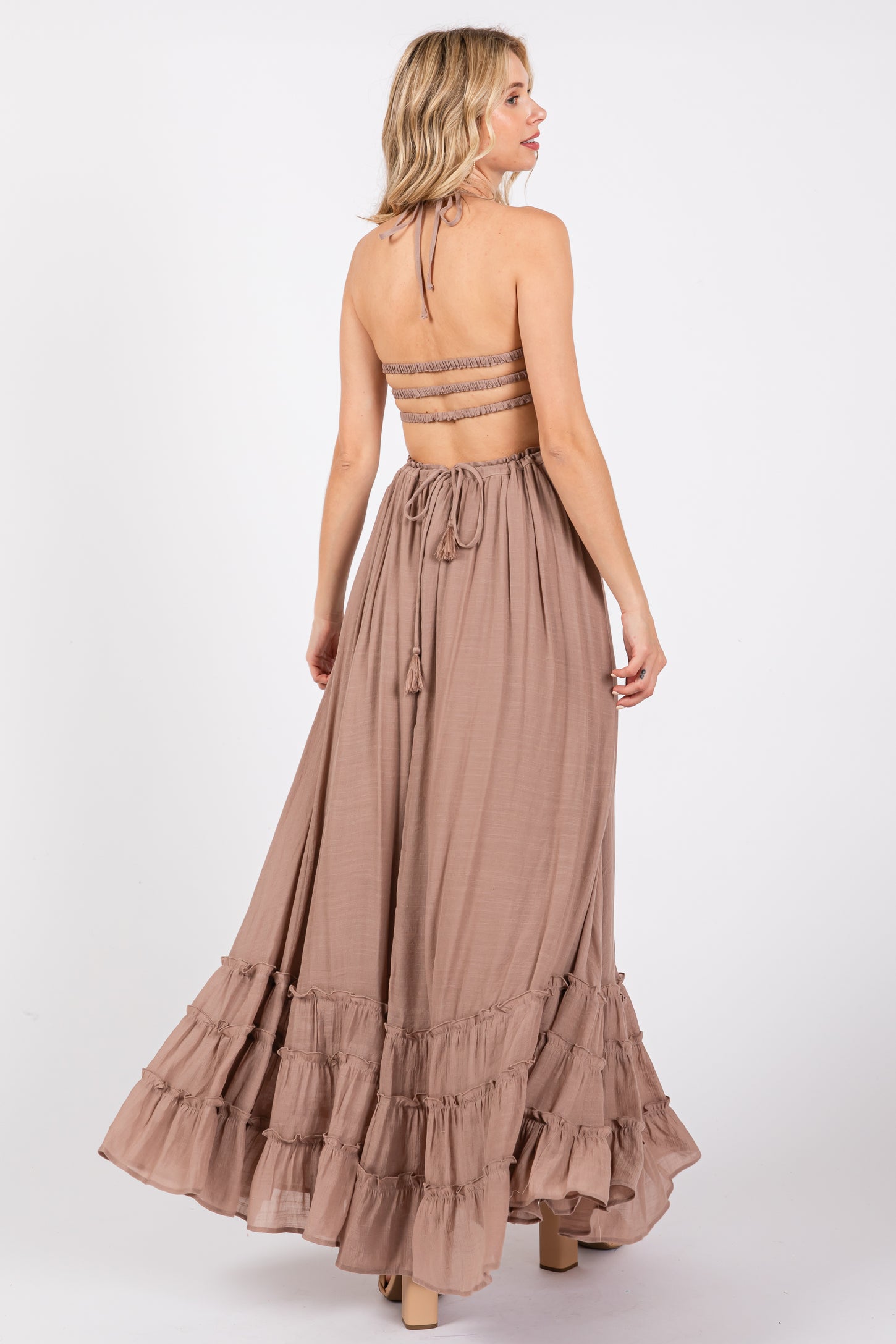 Taupe Smocked Halter Cutout Maxi Dress