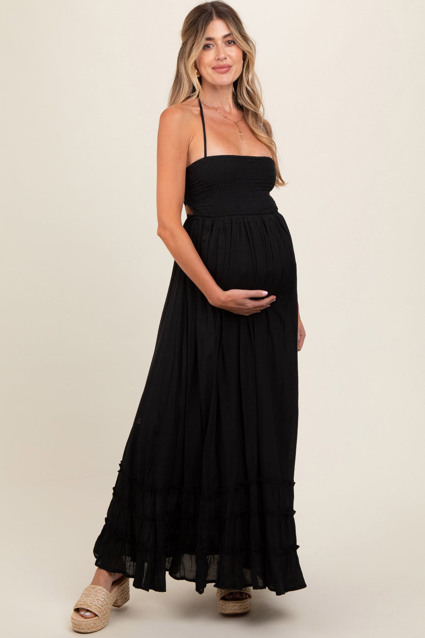 Black Smocked Halter Cutout Maternity Maxi Dress – PinkBlush