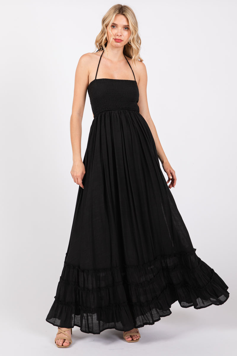 Black Smocked Halter Cutout Maxi Dress – PinkBlush