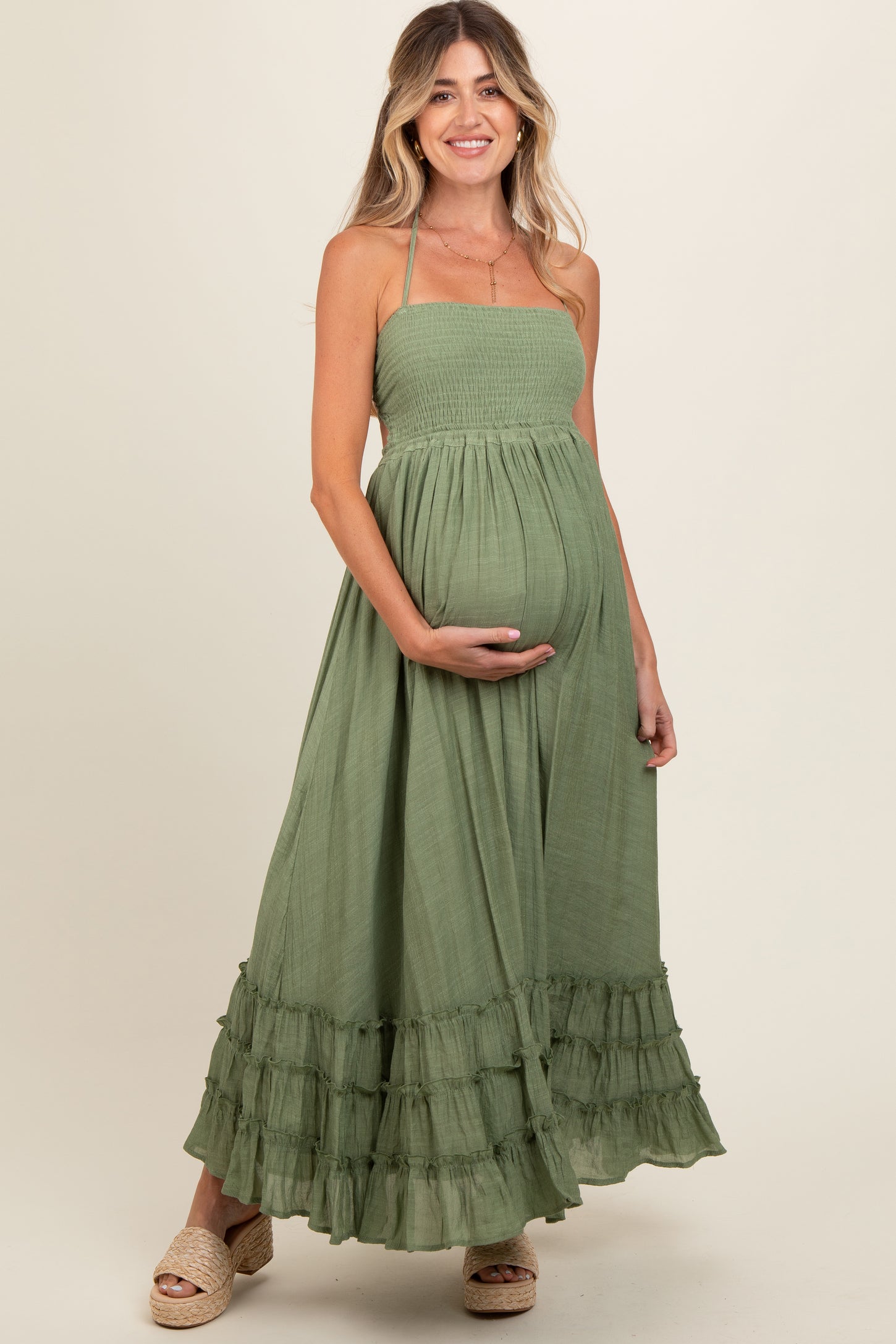Olive Smocked Halter Cutout Maternity Maxi Dress