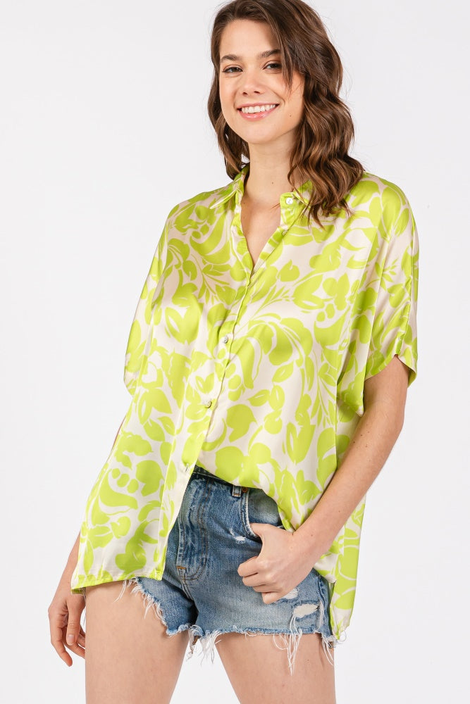 Lime Floral Button Down Blouse