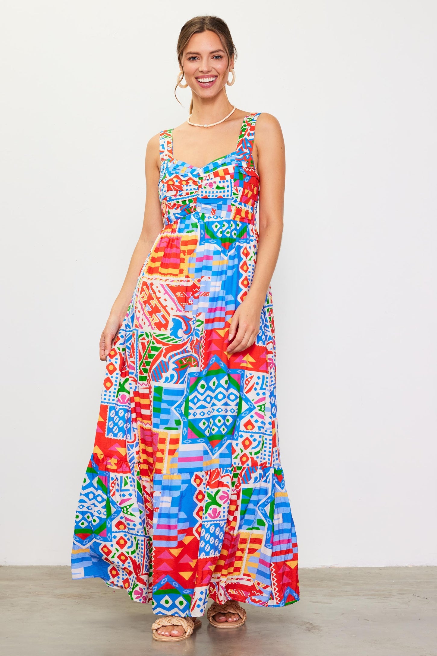 Blue Multi-Color Abstract Print Tiered Maxi Dress – PinkBlush