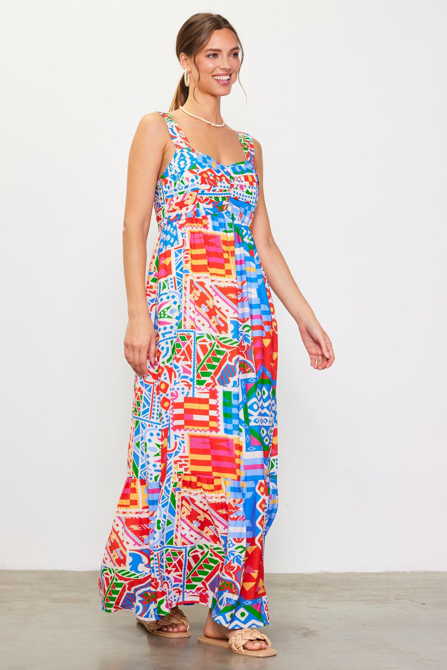 multi colored maxi dress Navy Pleated 38638 delicate floral lace overlays Kiara Multicolored Ikat Print Maxi