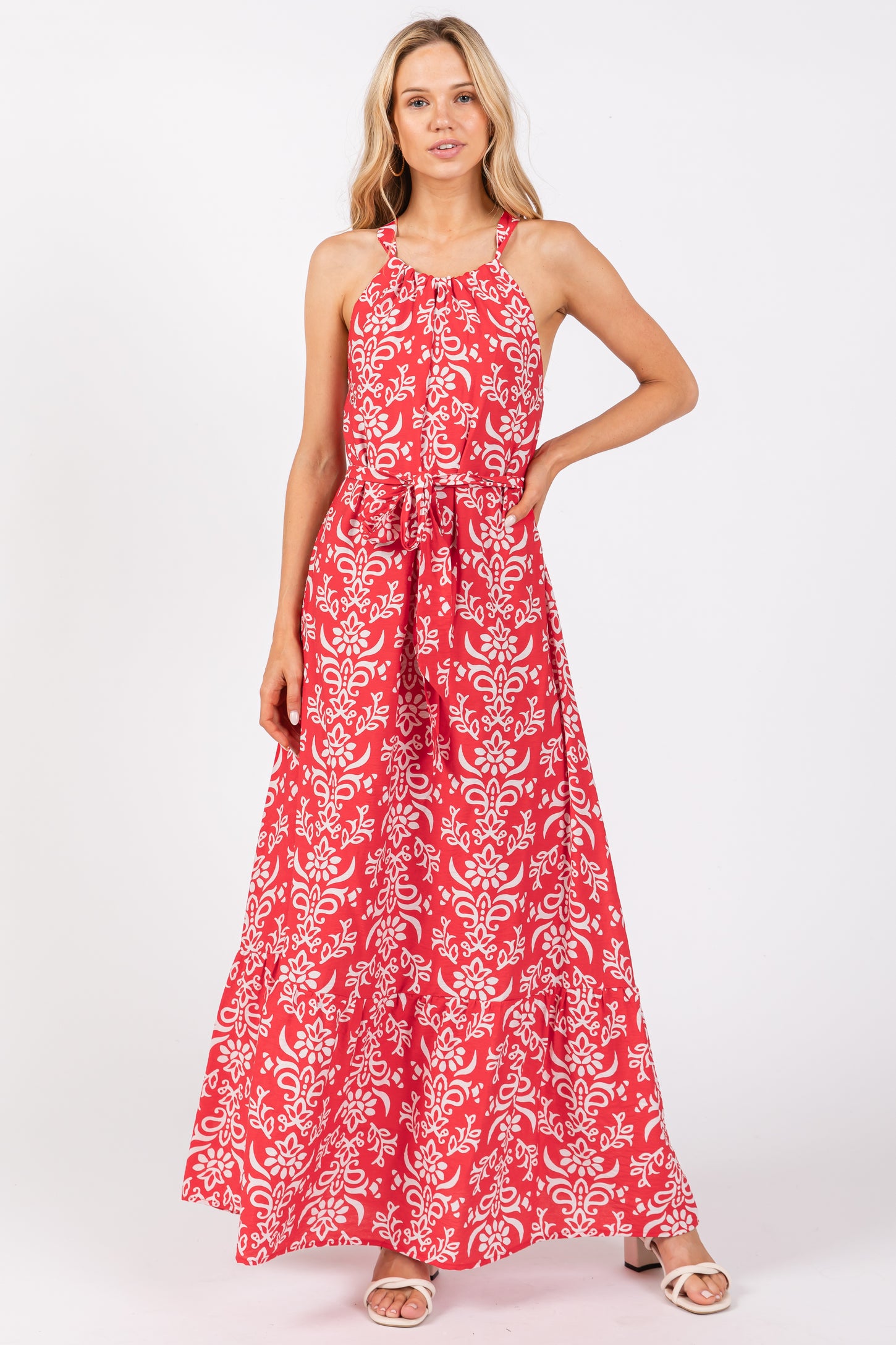 Red Paisley Halter Cross Back Maternity Maxi Dress Red Paisley Halter Cross Back Maternity Maxi Dress