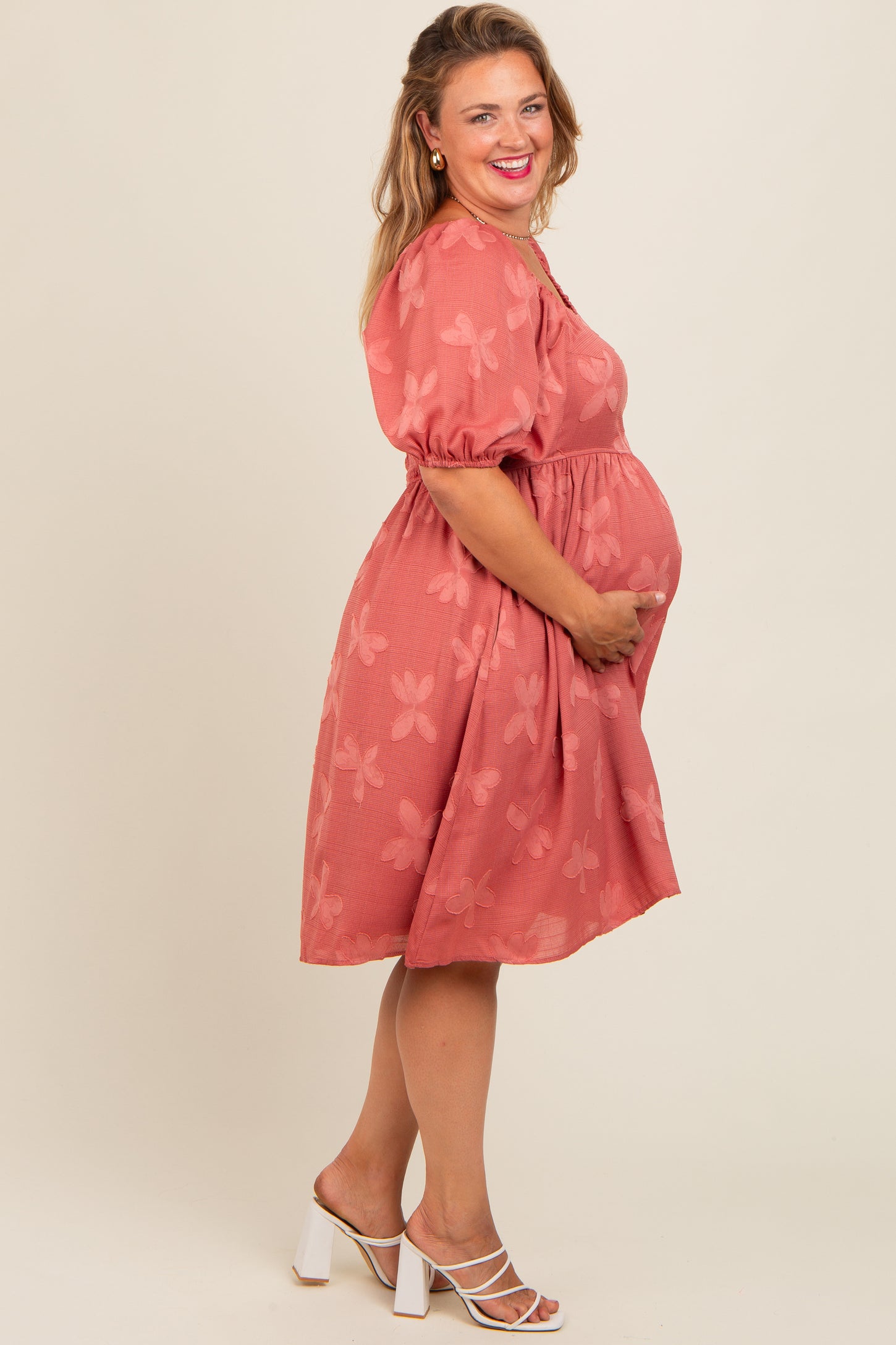 Mauve Textured Floral Square Neck Puff Sleeve Maternity Plus Dress