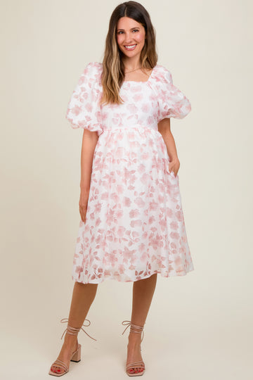 Pink Floral Puff Sleeve Maternity Dress