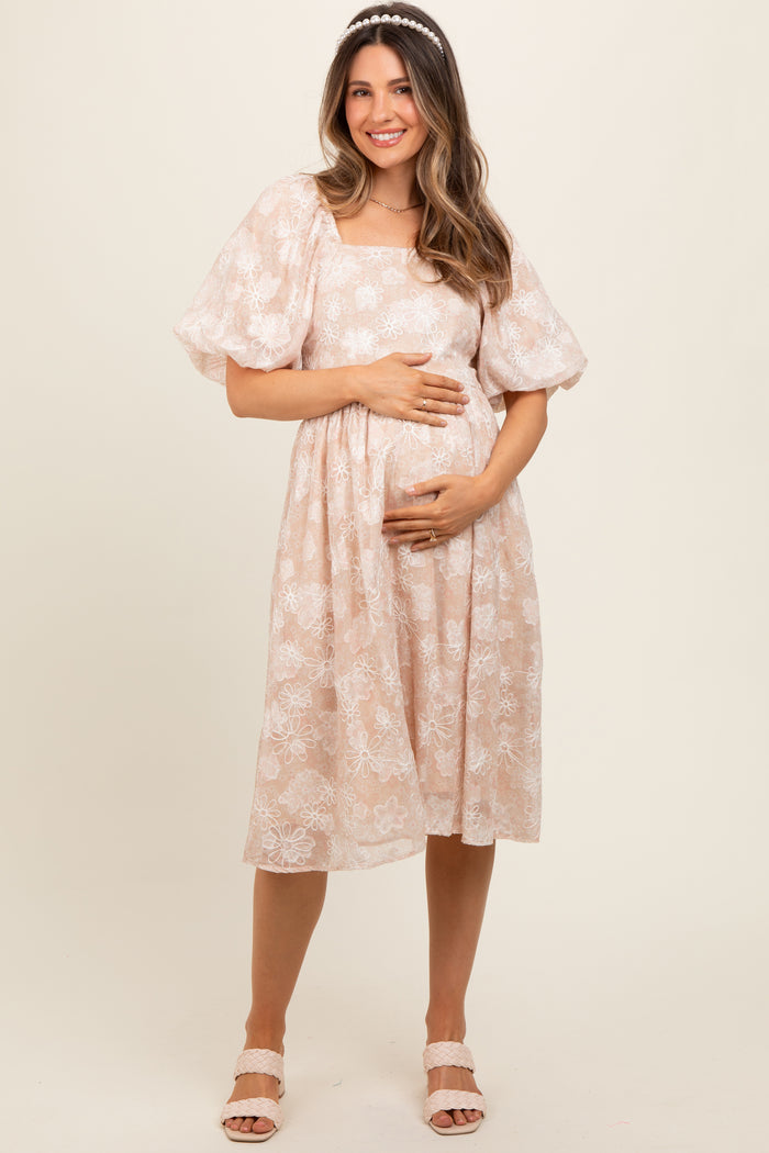 Beige Floral Embroidered Short Puff Sleeve Maternity Dress