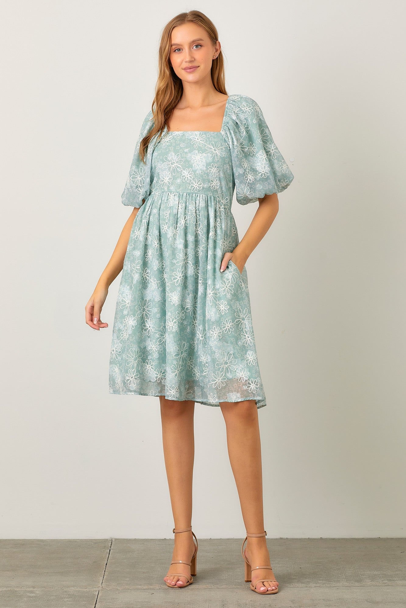 Mint Green Floral Embroidered Short Puff Sleeve Dress PinkBlush Mint Green Floral Embroidered Short Puff Sleeve Dress PinkBlush