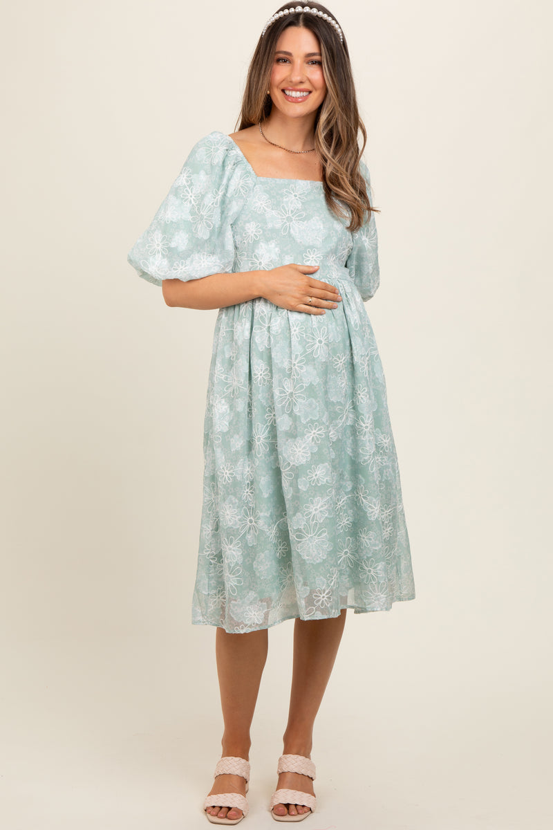 Mint Green Floral Embroidered Short Puff Sleeve Maternity Dress– PinkBlush