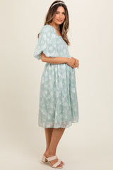 Mint Green Floral Embroidered Short Puff Sleeve Maternity Dress