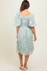 Mint Green Floral Embroidered Short Puff Sleeve Maternity Dress