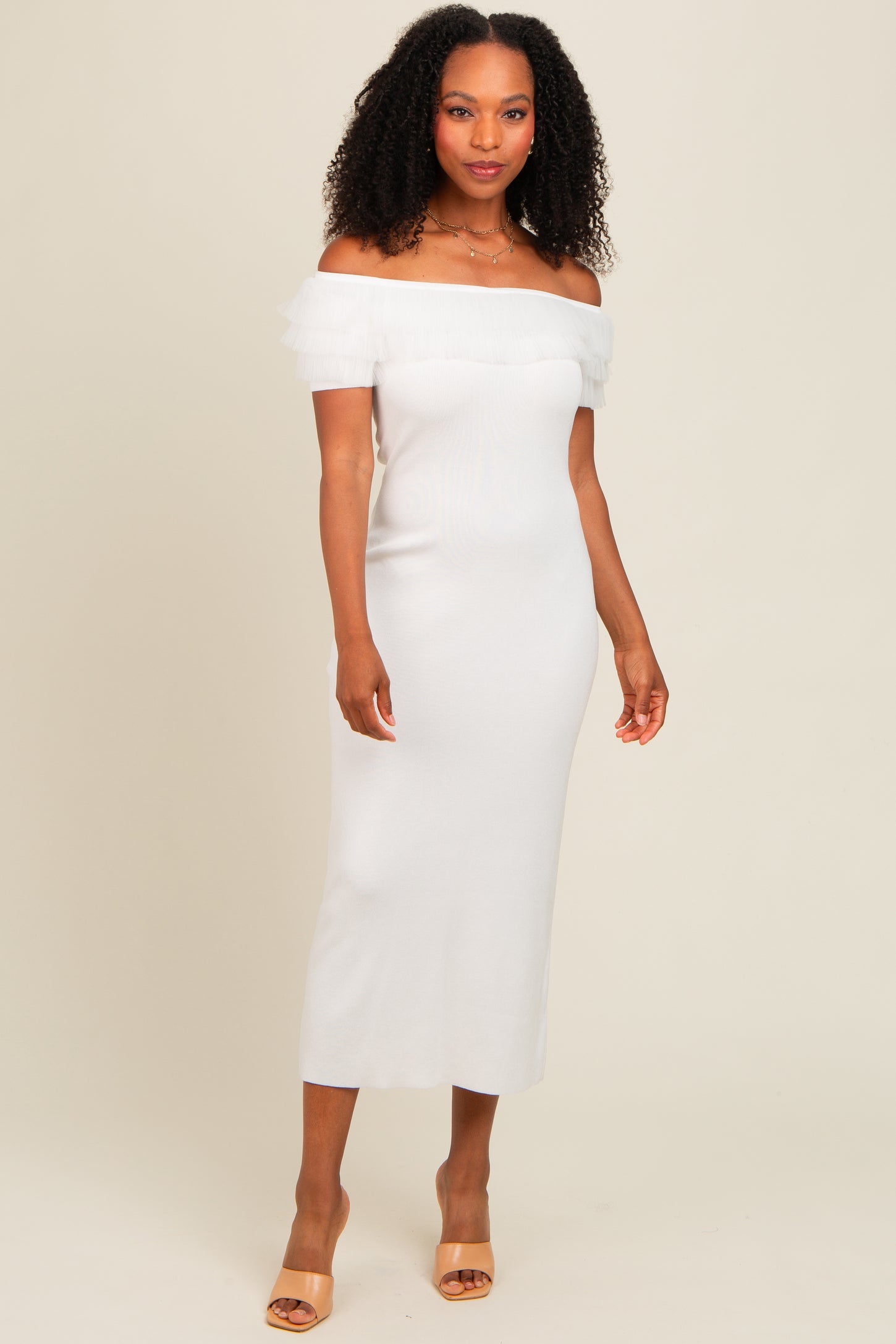 off the shoulder sweater midi dress Ivory Tulle Ruffle Off Shoulder Sweater Midi Dress – PinkBlush