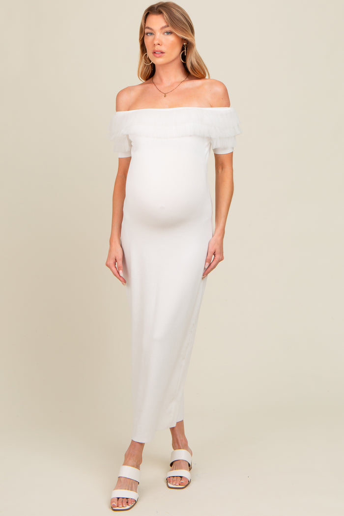 Ivory Tulle Ruffle Off Shoulder Sweater Maternity Midi Dress