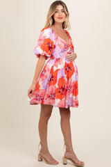 Pink Puff Sleeve Front Twist Maternity Mini Dress