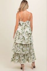 Olive Leaf Print Square Neck Cut-Out Back Ruffle Tiered Maternity Midi Dress