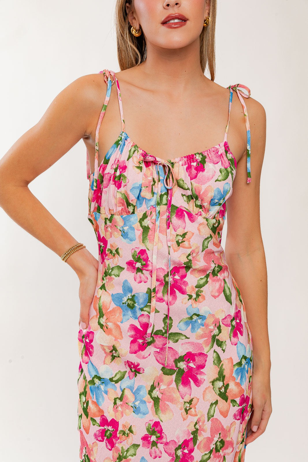 Pink Floral Shoulder Tie Maxi Dress Pink Floral Shoulder Tie Maxi Dress