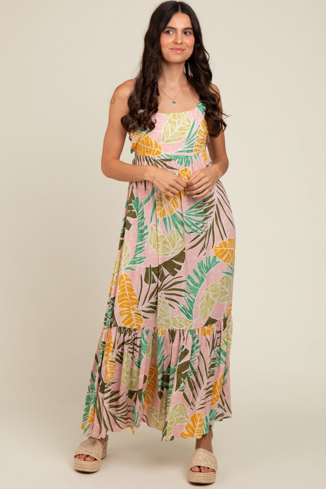 Pink Tropical Print Maternity Maxi Dress