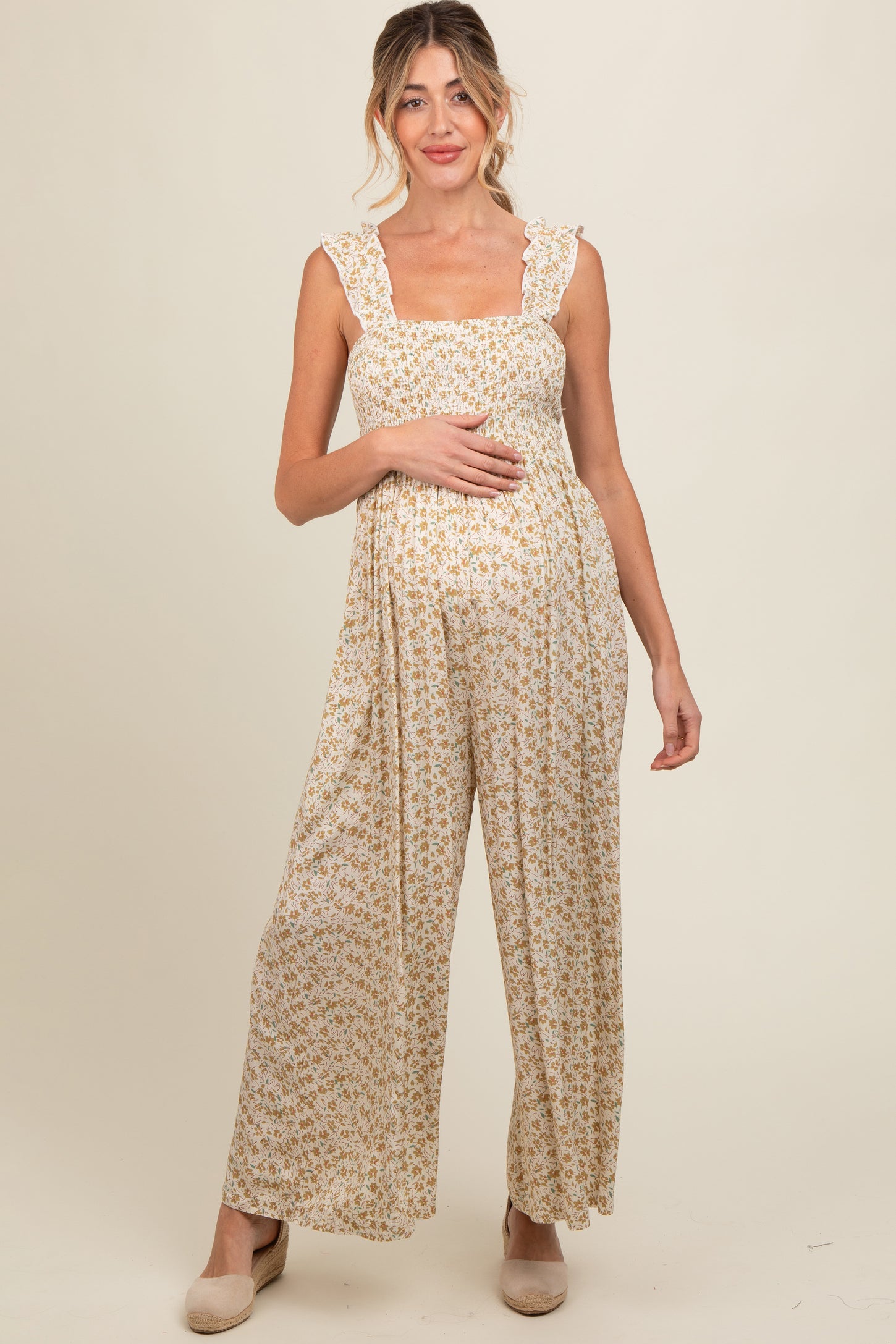 Cream Floral Flowy Maternity Jumpsuit