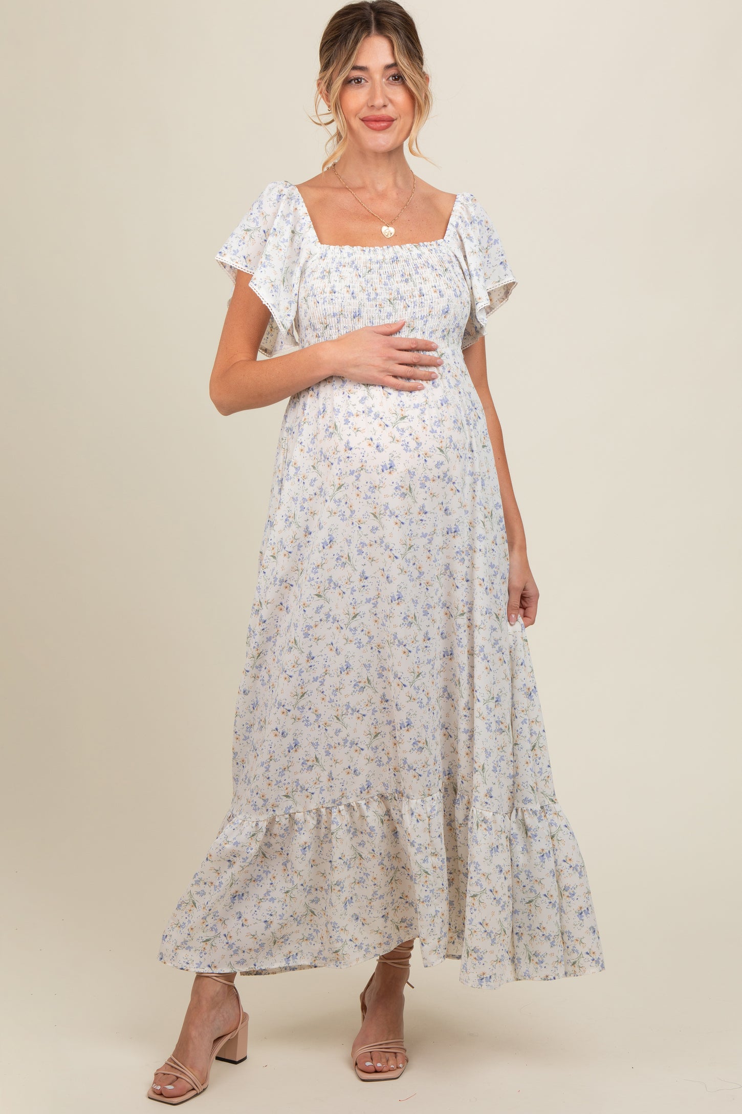Ivory Floral Smocked Crochet Trim Maternity Dress Small - Pinkblush - Casual Chic Boutique Ivory Floral Smocked Crochet Trim Maternity Dress Small - Pinkblush - Casual Chic Boutique