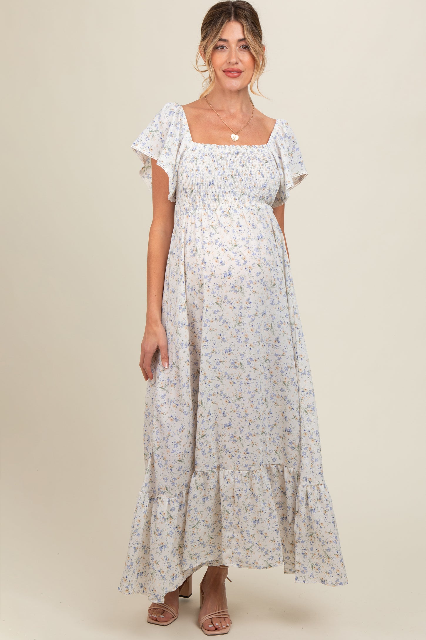 Ivory Floral Smocked Crochet Trim Maternity Dress – PinkBlush